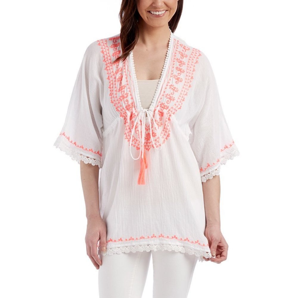 White & Coral Embroidered V-Neck Semi Sheer Tunic